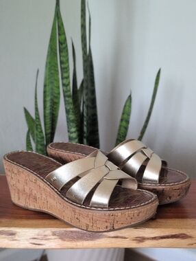 Gold Leather Cork Wedge Slide Sandals 6.5